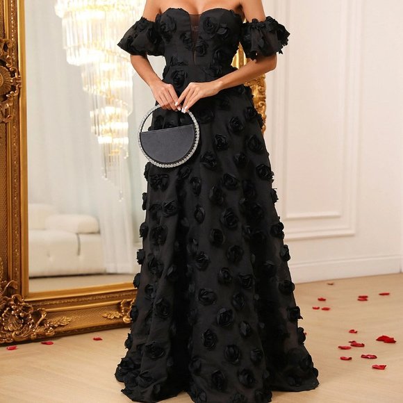 Off Shoulder Butterfly Sleeve Applique maxi Dress - black - Picture 4 of 5